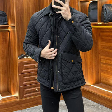 Men's Diamond Quilted Jacket with Cord Collar and Snap Flap Pockets