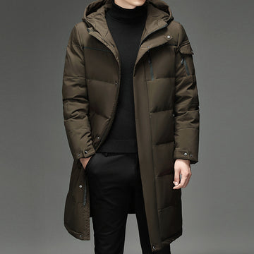 Men's Long Puffer Jacket with Detachable Hood and Zip Pockets
