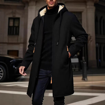 Men's Longline Hooded Zip Coat with Teddy Lining and Zip Pockets