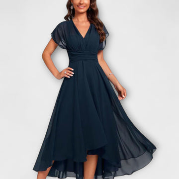 Women's Chiffon V-Neck Midi Dress Gathered Waist