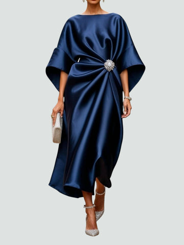 Women's Midi Dress Satin Kimono Sleeve Twist Front Crystal Brooch