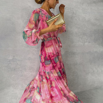 Women's Maxi Dress - Abstract Floral Wrap Long Sleeve Tiered