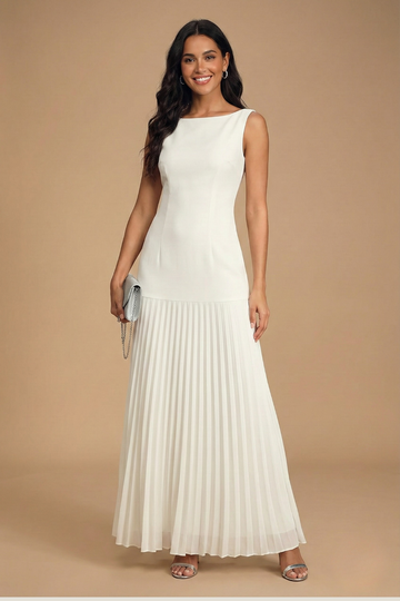 Women's Sleeveless Boat Neck Fitted Bodice Drop-Waist Pleated Maxi Dress for Evening Occasions
