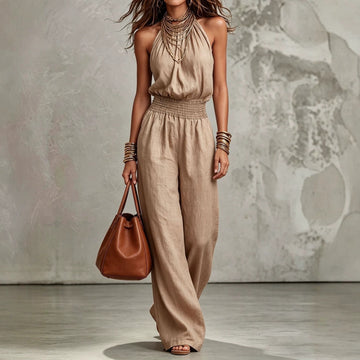 Women's Halter Neck Backless Wide-Leg Jumpsuit Smocked Waist