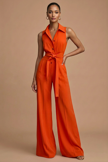 Women’s Sleeveless Wide Leg Jumpsuit with Collar Neck Button Front and Waist Tie
