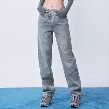Women's Asymmetric Cross-Waist Wide Leg Denim Jeans