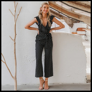Women's Black Polka Dot Ruffle V-Neck Tie-Waist Jumpsuit