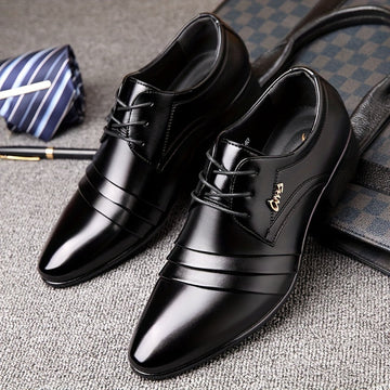Men's Patent Leather Derby Shoes - Pointed Toe Lace-Up Ribbed