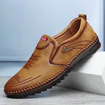 Men's Slip-On Leather Loafers - Round Toe - Stitched Moccasin Sole - Orthopedic