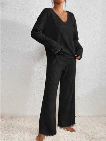 Women's Ribbed Knit Two-Piece Set Oversized V-Neck