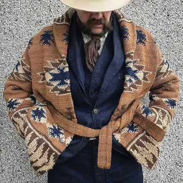 Men's Jacquard Cardigan Belted Shawl Collar