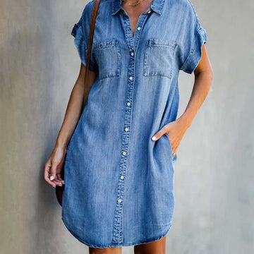 Women's Denim Button-Front Shirt Mini Dress Relaxed Fit