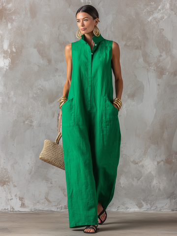 Linen Sleeveless Wide Leg Jumpsuit Relaxed Fit