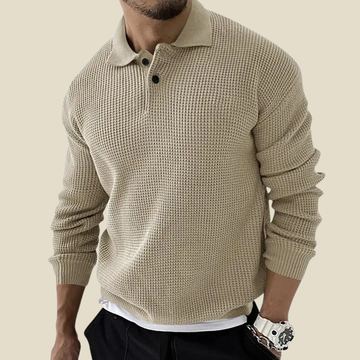 Men's Long Sleeve Waffle Knit Polo Collar Button-Placket Jumper