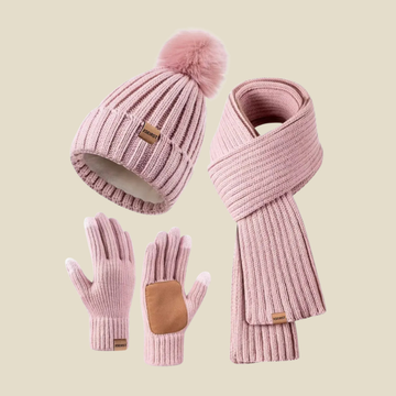Women's Knit Pom-Pom Beanie Scarf and Gloves Set