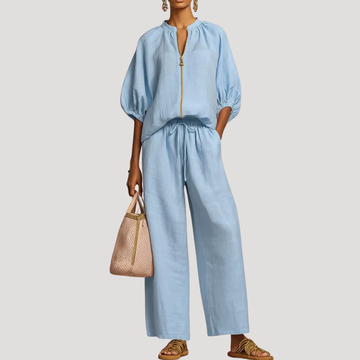 Women's Linen Zip Front Balloon Sleeve Wide Leg Co-ord Set