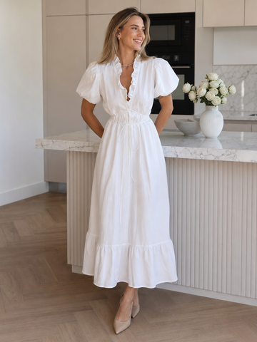 Women's Midi Dress Puff Sleeve Tie Waist