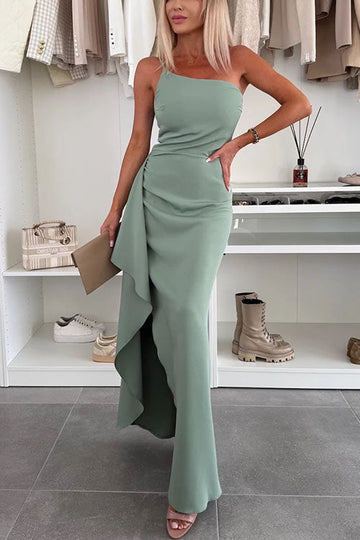 Women's Maxi Dress One Shoulder Ruffle Slit