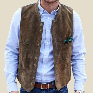 Men's Faux Suede Waistcoat with Band Collar and Metal Button Front