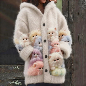 Women's Mohair Cardigan Hooded Cat Appliqué