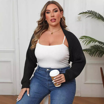 Women's Plus Size Cropped Ribbed Knit Shrug Cardigan