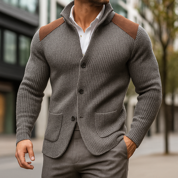 Men's Knit Blazer Cardigan Suede Patch