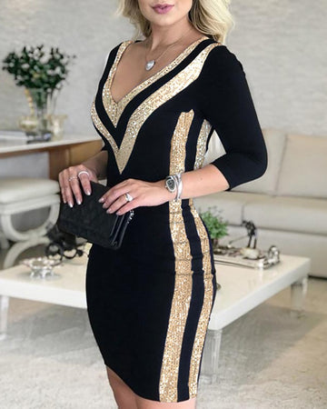 Women's Embellished Evening Dress V-Neck Sequin Trim Bodycon Mini