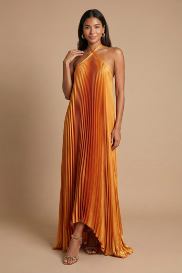 Women’s Open Back Halter Pleated Maxi Dress with Tie Closure