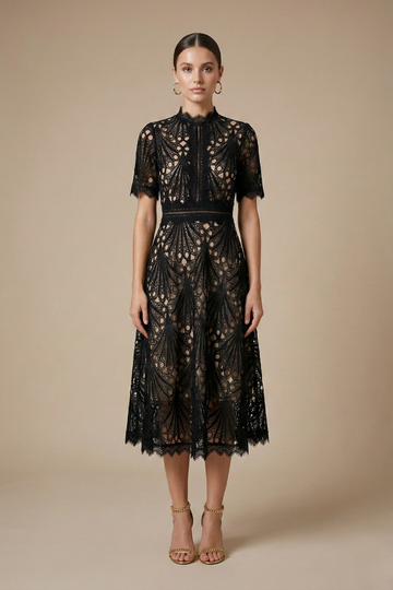 Women's Lace Midi Dress - High Neck - Short Sleeve - A-Line