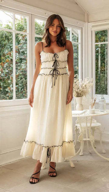 Women's Flowy Boho Maxi Dress - Spaghetti Strap Lace-Up Ruffle Hem