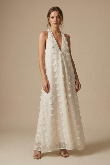 Women’s Textured Halter Backless Maxi Dress with 3D Appliqué