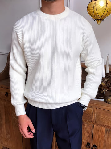 Men's Long Sleeve Crew Neck Ribbed Knit Sweater with Ribbed Trim
