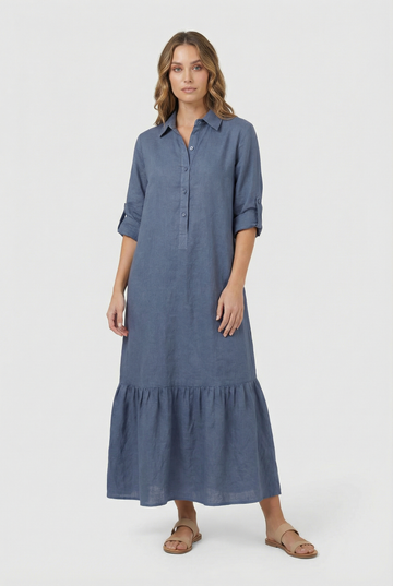 Women's Tiered Maxi Dress - Long Sleeve Button-Front Shirt Style
