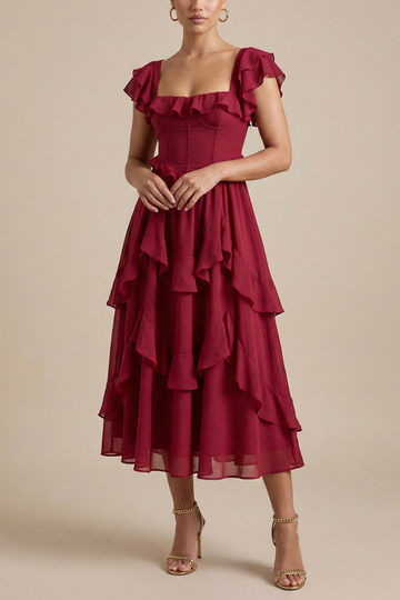 Women’s Layered Ruffle Midi Dress with Flutter Sleeves