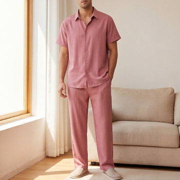 Men's Striped Two-Piece Short Sleeve Shirt - Matching Trousers Set