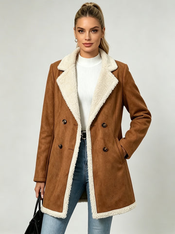 Women’s Plush-Lined Double-Breasted Winter Coat - Notched Lapel