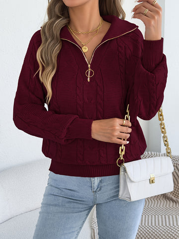 Women's Zip-Front Collared Top with Long Sleeves and Textured Knit