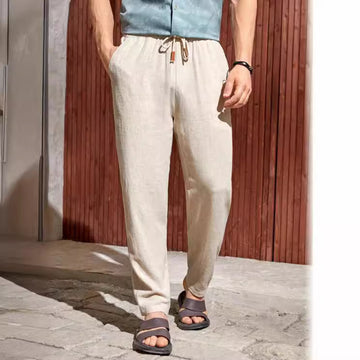 Men's Linen Blend Trousers - Elasticated Drawstring Waist