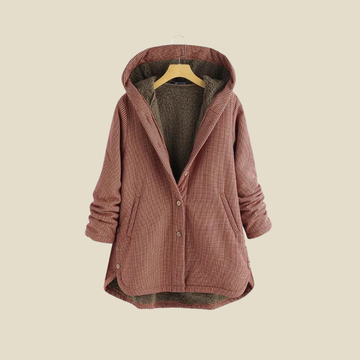 Women's Hooded Check Coat with Teddy Lining Button Front and Curved Hem