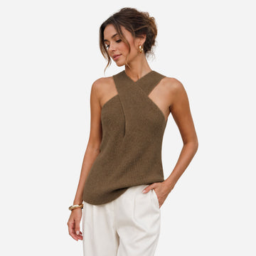 Women's Cross Halter Ribbed Knit Tank Top - Sleeveless Fitted