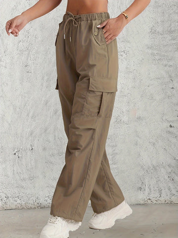 Women's Drawstring Cargo Trousers with Flap Pockets and Toggle Hems