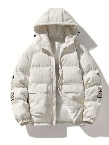Men's Quilted Hooded Puffer Jacket with Graphic Print Back