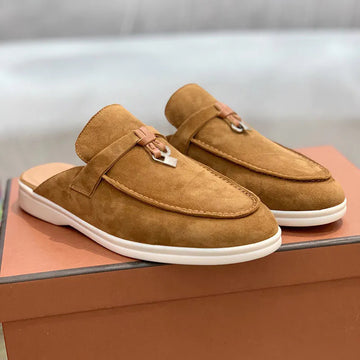 Men's Suede Mule Flat Sole Loafers - Open Back - Metal Bar Detail