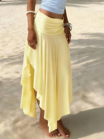 Women's Asymmetric Hem Skirt - Ruched Waist - Draped Overlay