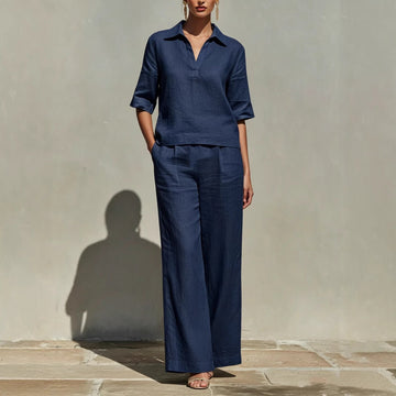 Women's Linen Blend Collared Top and Wide-Leg Trousers Set