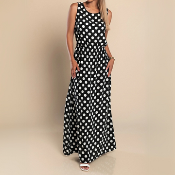 Women's Sleeveless Polka Dot Maxi Dress with Elasticated Waist and Side Slit