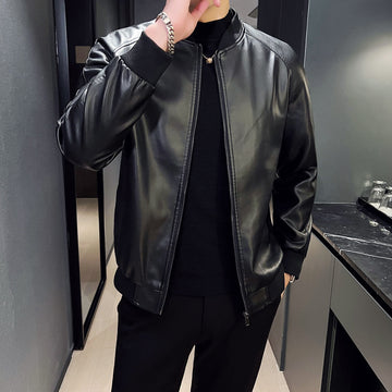 Men's Long Sleeve Ribbed Collar Zip-Up Faux Leather Bomber Jacket