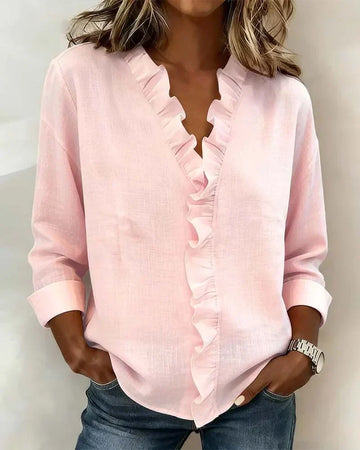 Women's Linen Blouse Ruffle Trim