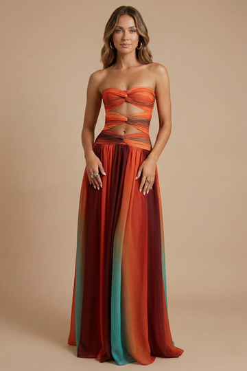 Women’s Cut-Out Bandeau Maxi Dress with High Slit and Sheer Overlay