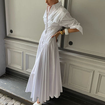Women's White Drop Waist Shirt Dress - A-Line Pleated Maxi